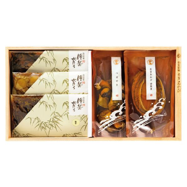 御食つくに 椿（つばき）｜参宮あわび姿脹煮と銘宝珍味4種の詰め合わせ